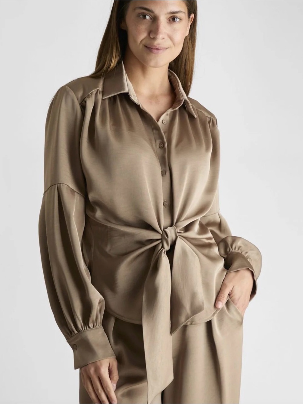 Neo Noir Naja Satin Shirt Blouse Top Dark Taupe Tie Sz 36 Small S